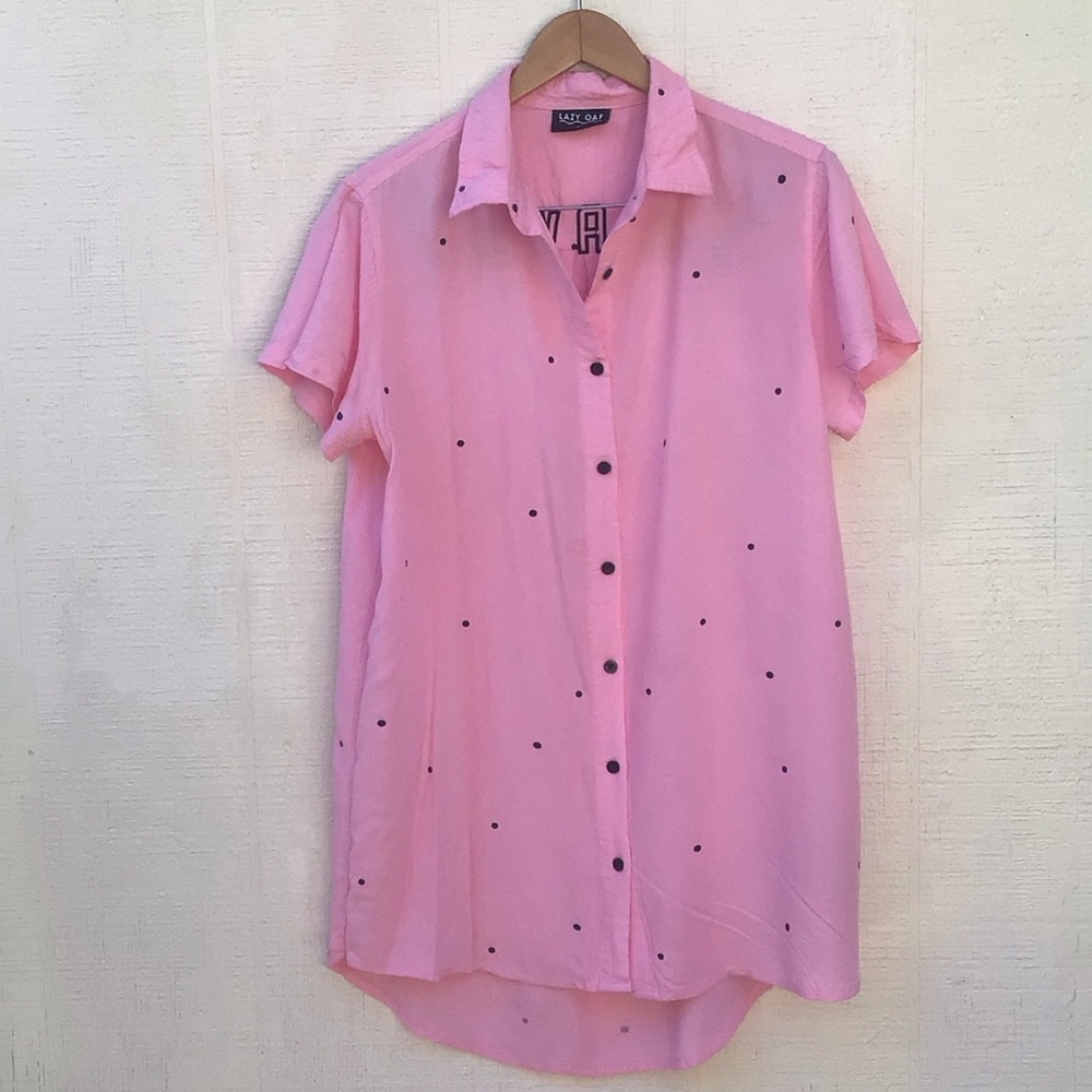 Lazy Oaf Go Away pink polka dot button up shirt dress - Picture 3 of 16